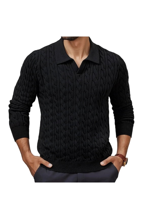 Men's Collared Cable Knit Sweater Long Sleeve Polo Style Casual Pullover Top