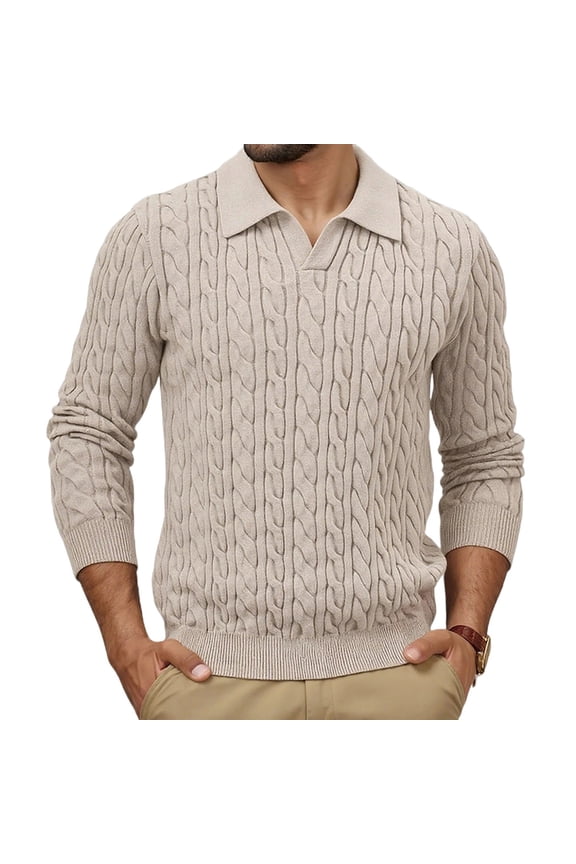 Men's Collared Cable Knit Sweater Long Sleeve Polo Style Casual Pullover Top