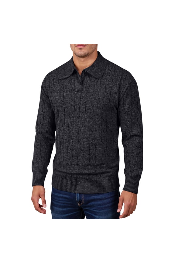 Men's Collared Cable Knit Sweater Long Sleeve Solid Color Casual Pullover Top
