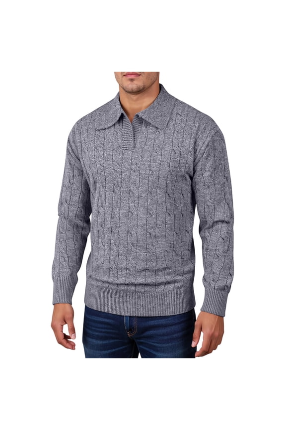 Men's Collared Cable Knit Sweater Long Sleeve Solid Color Casual Pullover Top
