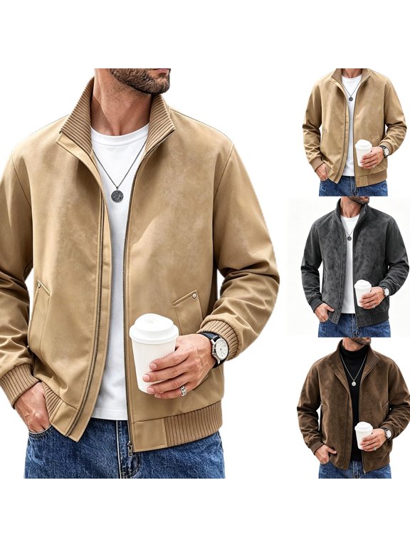 Men's Collared Full Zip Casual Jacket, Machine Washable, Collared Coat, Vintage Old Money Style, Medium Weight, 3 Pockets, Fall Winter, 3XL
