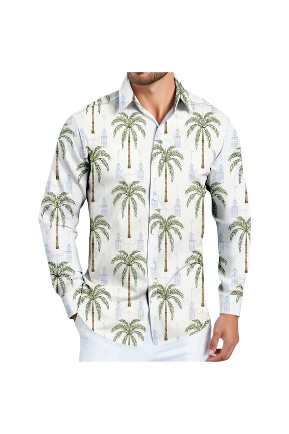 Men's Collared Hawaiian Shirts Long Sleeve Tropical Floral Print Button Down Resort Beach Vacation Outdoor Party Tops 2026 Royal Blue M