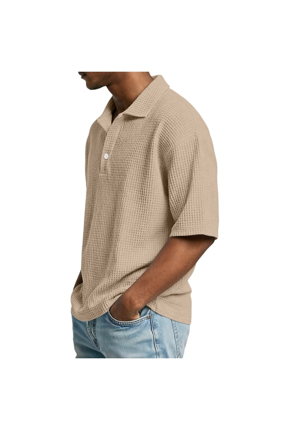 Men's Collared Henley Waffle Polo Shirt Casual Short Sleeve Summer Beach Golf Shirt Khaki 3XL