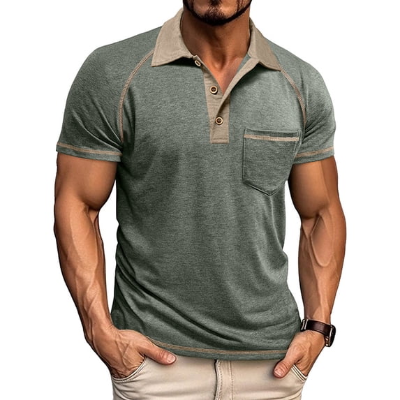 Men's Collared Polo Shirt Short Sleeve Contrast Trim & Pocket Casual T-Shirt Stylish & Breathable For Spring And Summer Daily Wear Tops,Green,L