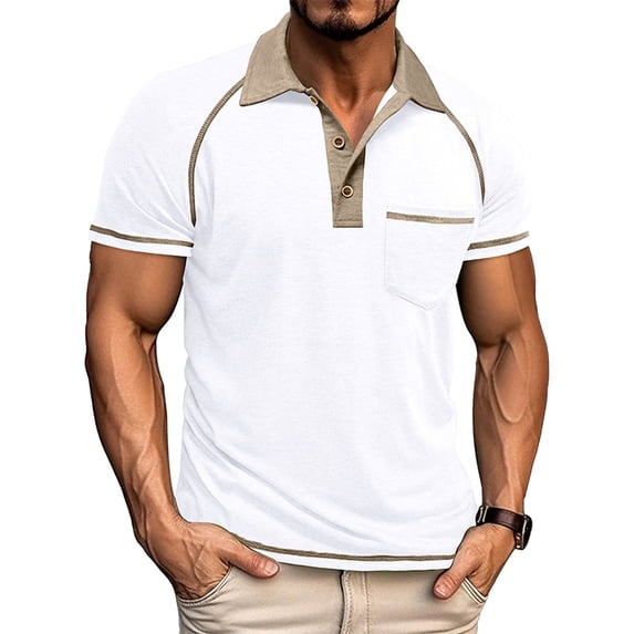 Men's Collared Polo Shirt Short Sleeve Contrast Trim & Pocket Casual T-Shirt Stylish & Breathable For Spring And Summer Daily Wear Tops,White,XL