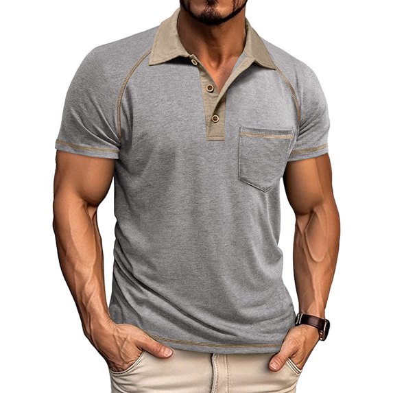 Men's Collared Polo Shirt Short Sleeve Contrast Trim & Pocket Casual T-Shirt Stylish & Breathable For Spring And Summer Daily Wear Tops,Light Gray,XXL
