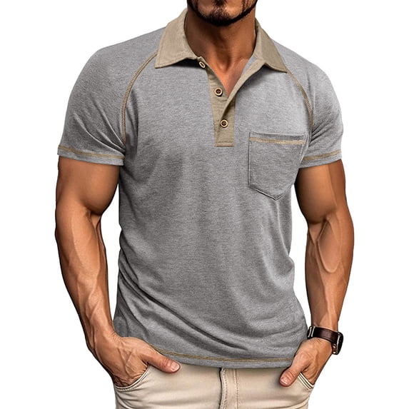 Men's Collared Polo Shirt Short Sleeve Contrast Trim & Pocket Casual T-Shirt Stylish & Breathable For Spring And Summer Daily Wear Tops,Light Gray,XXXL