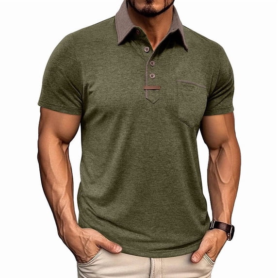 Men's Collared Polo Shirt Short Sleeve With Pocket Casual T-Shirt Comfortable & Stylish For Spring And Summer Daily Wear Tops,Army Green,XXL