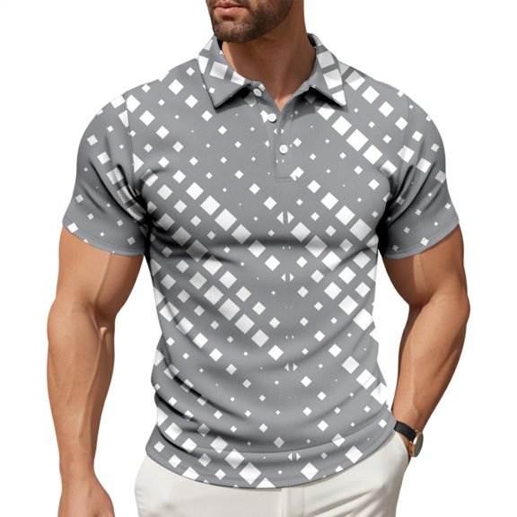Men's Collared T Shirts Waffle Geometric Casual Short Sleeve Button T Shirt Regular Fit Summer Tops for Leisure