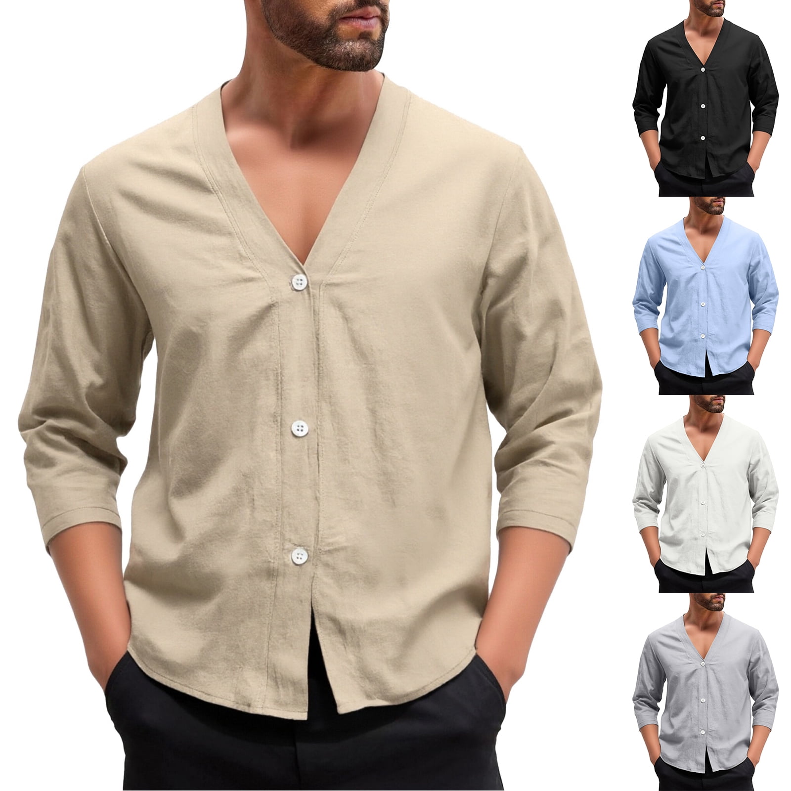 Men's Collarless Casual Shirt V Neck Button Front Loose Fit Top for ...