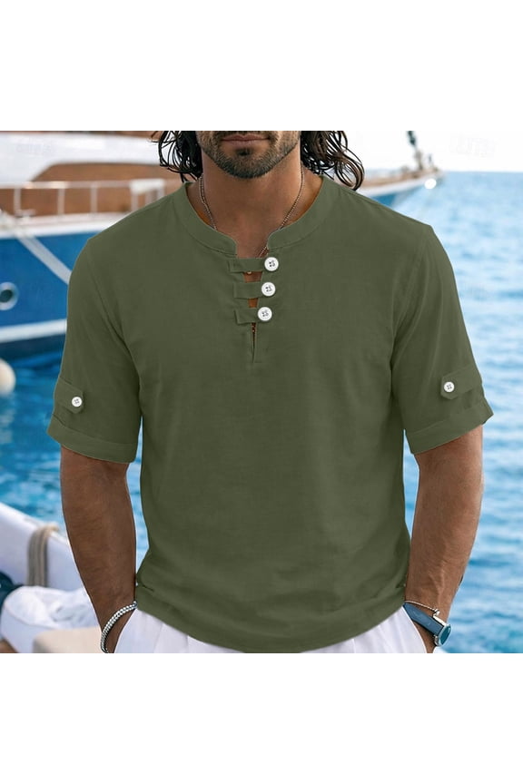 Men's Collarless Shirt, Solid Color Short Sleeve Button Up, Modern Casual Vacation Top For Summer Holiday & Daily Wear Army Green M