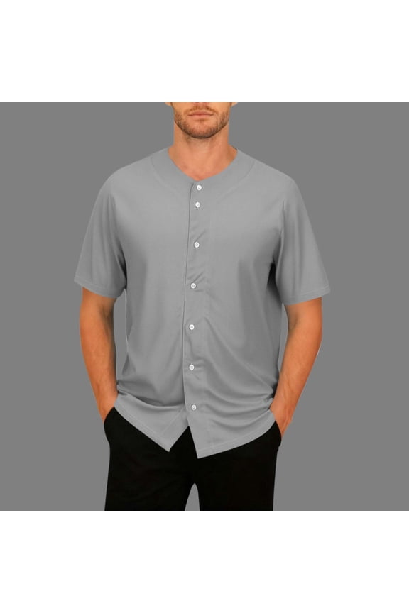 Men's Collarless Shirts Button Down Short Sleeve Summer Shirt Fashion Casual Breathable Beach Vacation Shirts (Gray,XL)