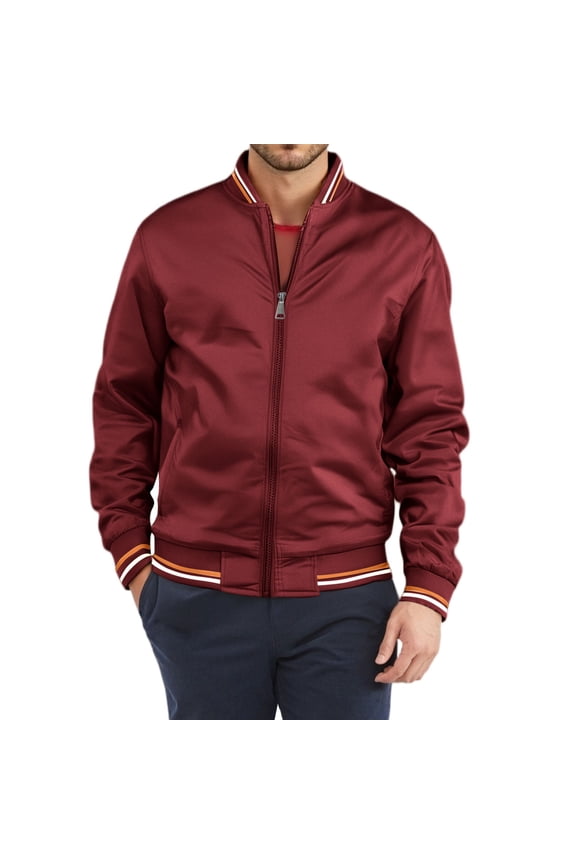 Men's Color Block Baseball Jacket - Vintage Stand Collar Zip Up Flight Coat with Pockets (Burgundy, Large)