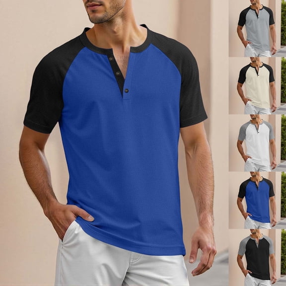 Men's Color-Block Button Down Top Cotton Polyester Rayon Spandex Blends, Short Sleeve Round Neck Relaxed Fit, Breathable Soft Casual Fashion T-Shirt, Daily Wear | Zenithor,White L