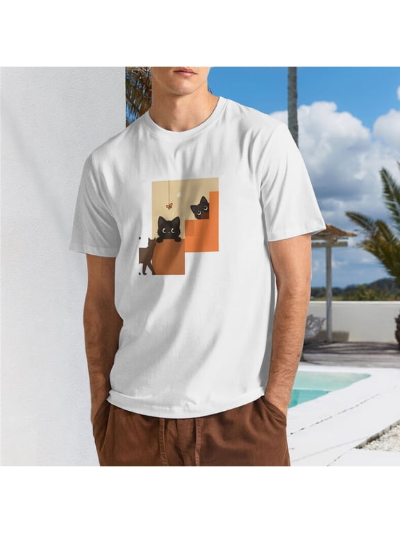 Men's Color Block Cat Art Graphic T-Shirt, Cotton Blend Crewneck Short Sleeve Casual Tee