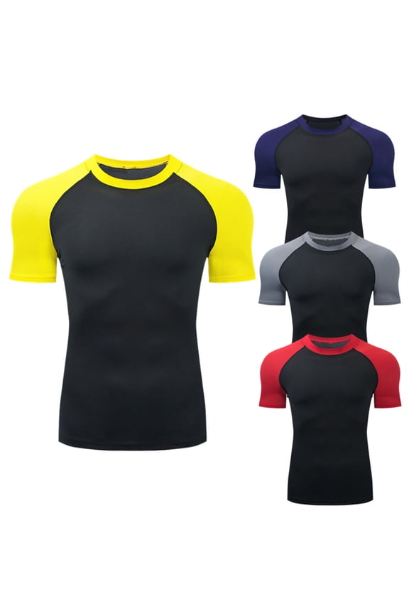Men’s Color Block Compression Shirts Short Sleeve Workout Shirt, Quick Dry Breathable Top Baselayer Athletic Shapewear Undershirts for Men Yellow
