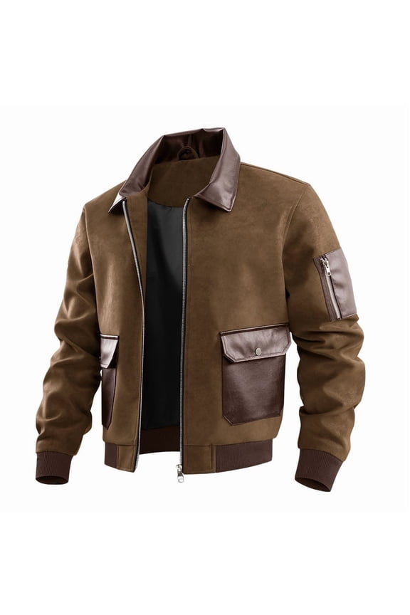 Men's Color Block Faux Suede Flight Jacket Lapel Collar Zip Up Cargo Bomber Coat With Zipper Sleeve Vintage, M