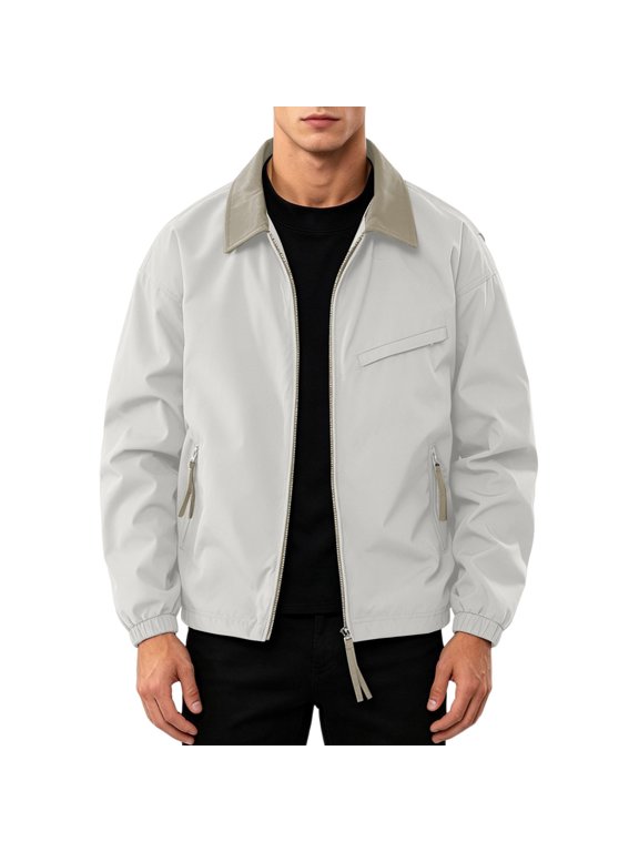 Men's Color Block Golf Jacket Windbreaker, Full Zip Long Sleeve Coat with Zipper Pockets, Loose Fall Winter Outerwear for Street Hiking Travel Work