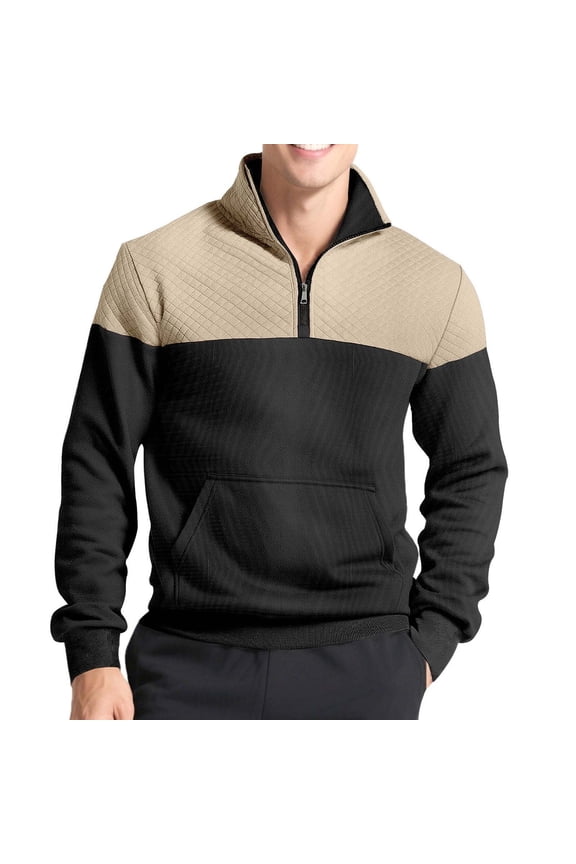 Men's Color Block Half Zip Pullover Sweatshirt Quilted Stand Collar Outdoor Casual Top with Pocket for Fall Winter Fashion Wear