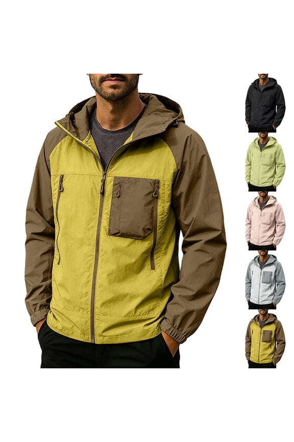 Men's Color Block Hooded Cardigan Nylon Spandex Jacket, Long Sleeve Hooded Zip Up Coat Lightweight Thin Sun Protection Outdoor Hiking Casual | Zenithor,Black L