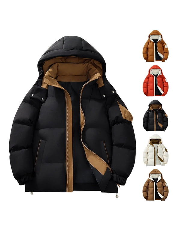 Men's Color Block Hooded Puffer Jacket Thick Quilted Insulated Winter Coat Zip Up Windproof Loose Fit Casual Snow Outerwear 5 Contrast Color Options Available