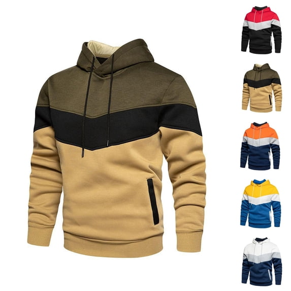Men's Color Block Hoodie Sweatshirt with Side Seam Pockets Long Sleeve Crewneck Loose Pullover Jacket