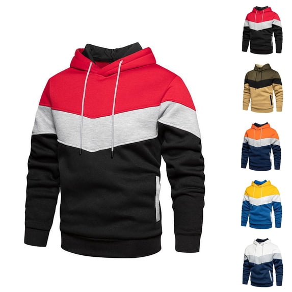 Men's Color Block Hoodie Sweatshirt with Side Seam Pockets Long Sleeve Crewneck Loose Pullover Jacket