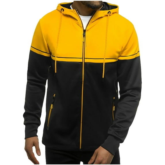 Men's Color Block Hoodies Coat Full Zip Casual Drawstring Long Sleeve Hooded Sweatshirt Jackets with Pockets