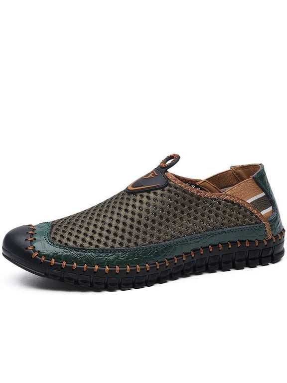 Men's Color Block Mesh Leather Slip-On Breathable Casual Loafers