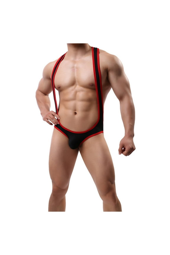 Men's Color Block One-Piece Bodysuit Jockstrap Wrestling Singlet Leotard Cut Out Bikinis Underwear