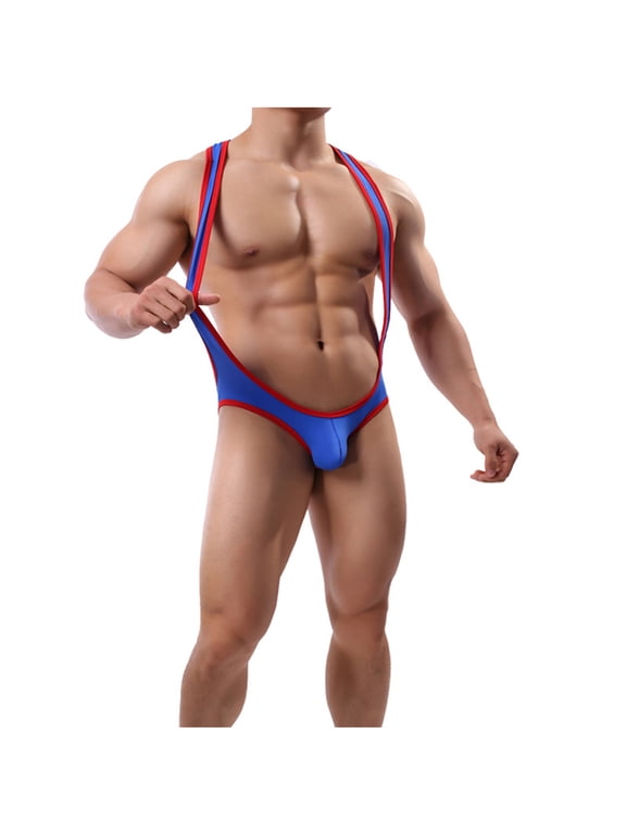 Men's Color Block One-Piece Bodysuit Jockstrap Wrestling Singlet Leotard Cut Out Bikinis Underwear