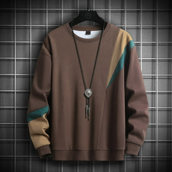 Men's Color Block Pullover Sweatshirt Round Neck Patchwork Design Long Sleeve Casual