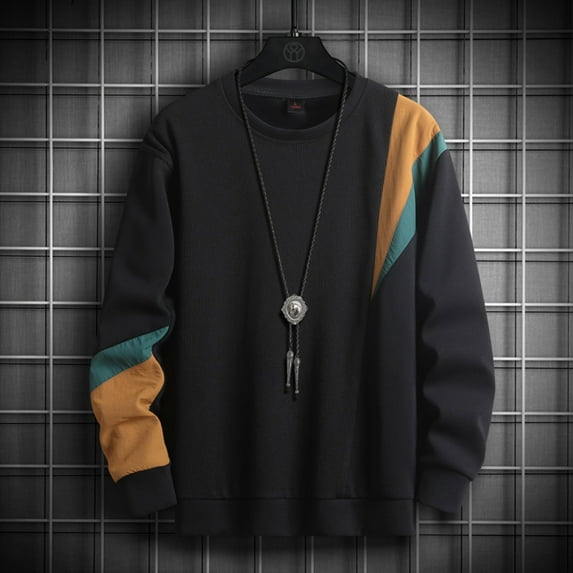 Men's Color Block Pullover Sweatshirt Round Neck Patchwork Design Long Sleeve Casual
