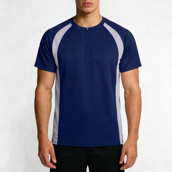 Men's Color Block Quarter Zip Athletic T-Shirt, Short Sleeve Basketball Training Tops, Mesh Breathable Loose Outdoor Activities Blue M