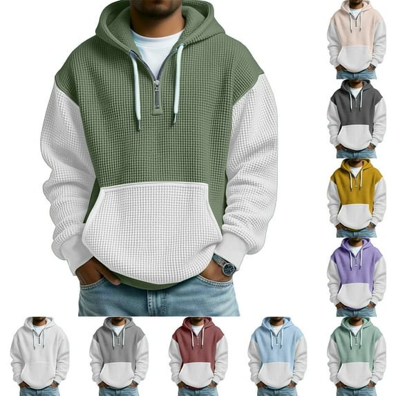 Men's Color Block Quarter-Zip Hooded Waffle Knit Sweatshirt, Thickened Fleece Texture Pullover, Fall Spring Street Style,Army Green,L