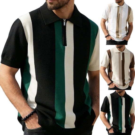 Men's Color Block Quarter Zip Striped Knit Polo Shirt, Breathable Knit Sweater, Short Sleeve Casual Vacation Top for Summer and Everyday Wear, Sizes S-2XL Khaki
