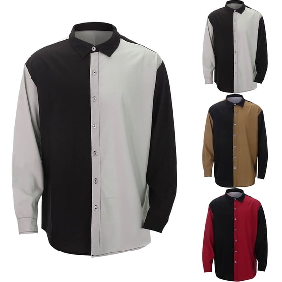 Men's Color Block Shirts Long Sleeve Button Down Shirt Loose Fit Spring Fall Casual Comfy Tops Grey XXXL