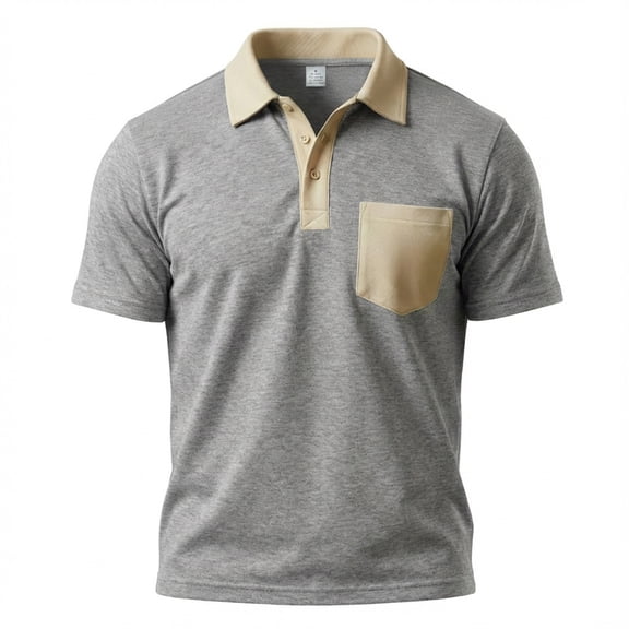 Men's Color Block Short Sleeve Shirt, Casual Lapel Pocket Top, Stylish Contrast Design, Breathable Fabric, Comfortable Fit, Modern Casual Wear, Outdoor Street Style,Light Gray,L