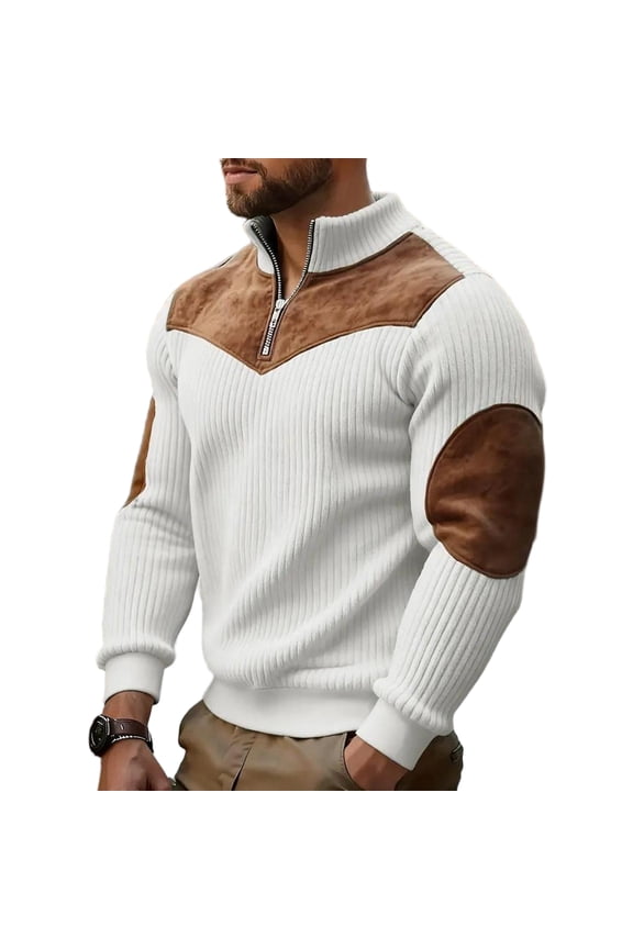 Men's Color Block Shoulder Corduroy Sweatshirt - Quarter Zipper Mock Neck Pullover Top with Elbow Patches, Casual Style, Soft Fabric for Daily Comfort,White,S