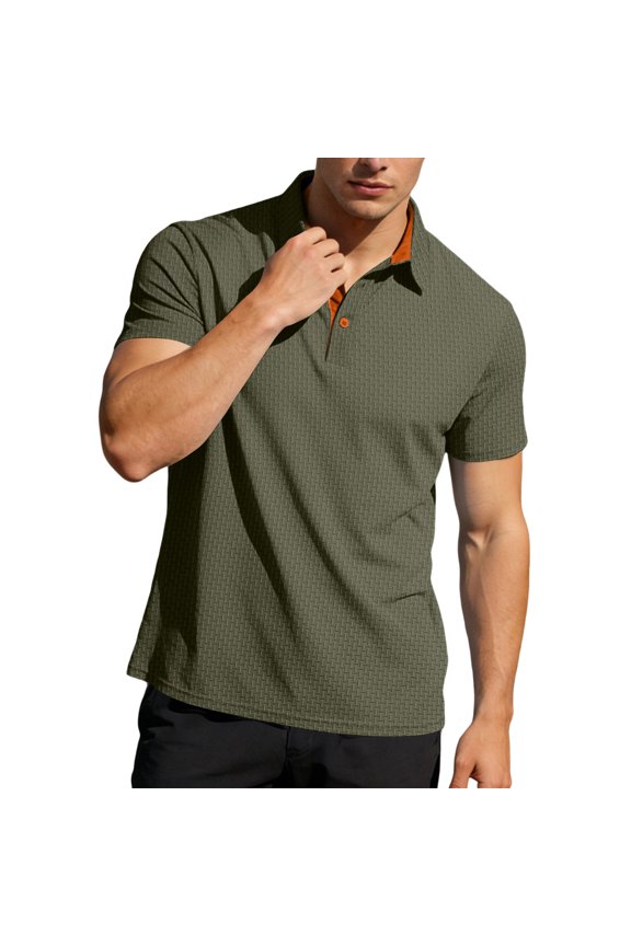 Men's Color-Block Stretch Polo Shirt Short-Sleeve Collared Button Placket Casual Daily Light Commute Spring & Autumn Wear,Army Green,L