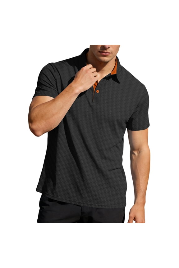 Men's Color-Block Stretch Polo Shirt Short-Sleeve Collared Button Placket Casual Daily Light Commute Spring & Autumn Wear,Black,L