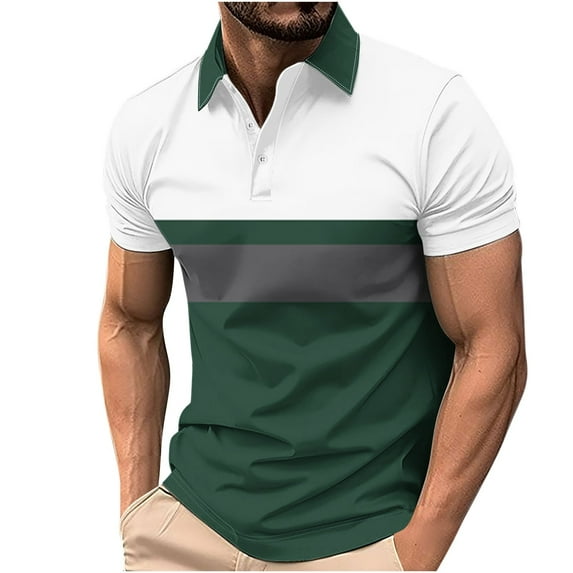 Men's Color Block Stripe Polo Shirt Short Sleeve Slim Fit Casual Fashion Top