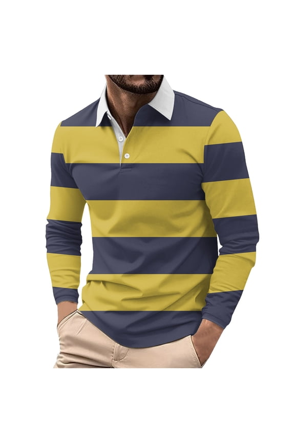 Men's Color Block Stripes Polo Shirts Casual Long Sleeve Button Down T-Shirts Golf Polo Shirt Top
