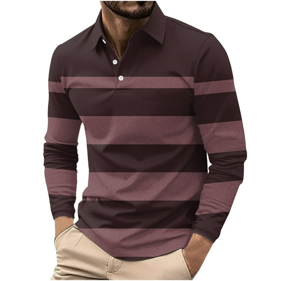 Men's Color Block Stripes Polo Shirts Casual Long Sleeve Button Down T-Shirts Golf Polo Shirt Top