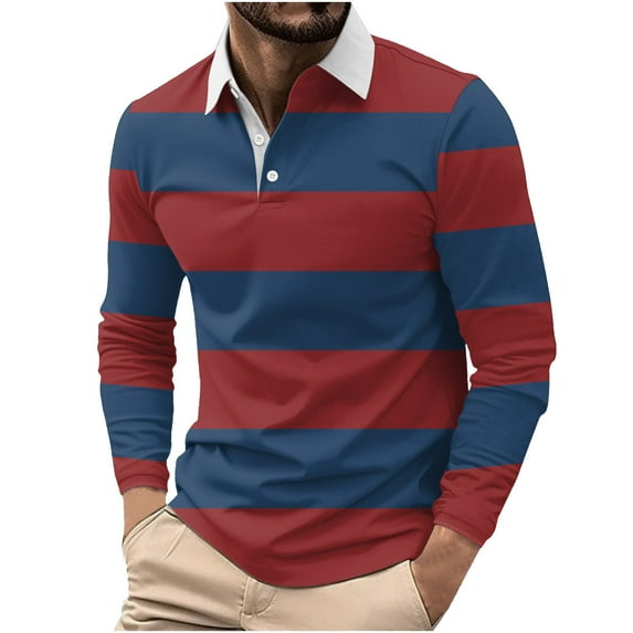 Men's Color Block Stripes Polo Shirts Casual Long Sleeve Button Down T-Shirts Golf Polo Shirt Top
