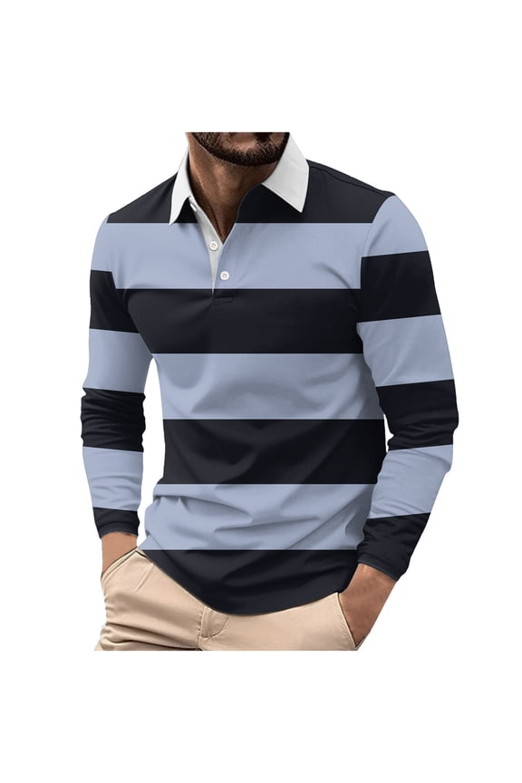 Men's Color Block Stripes Polo Shirts Casual Long Sleeve Button Down T-Shirts Golf Polo Shirt Top