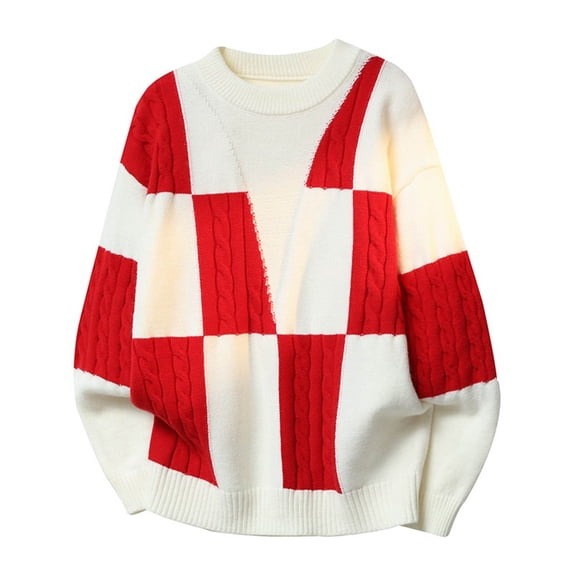 Men's Color Block Sweater Crewneck Long Sleeve Ribbed Knitted Pullover Tops Beige 3XL