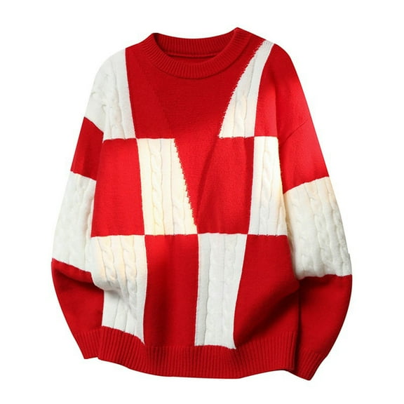 Men's Color Block Sweater Crewneck Long Sleeve Ribbed Knitted Pullover Tops Red XL