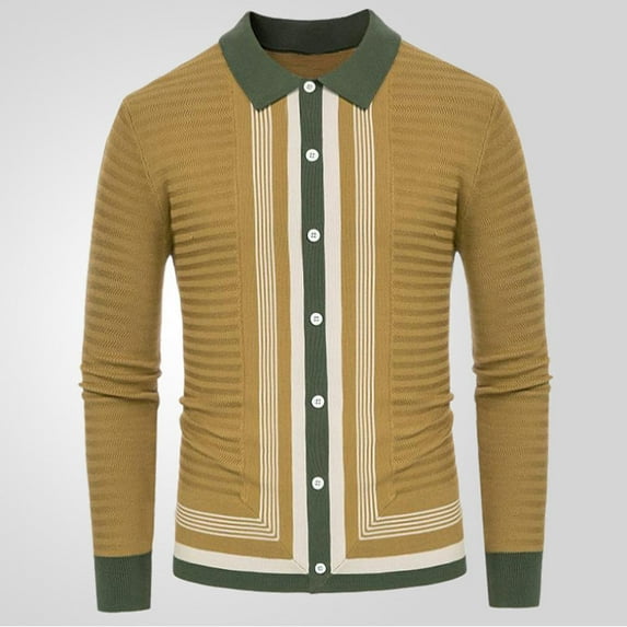 Men's Color Block Sweater Long Sleeve Button Cardigan Sweater Vintage Turndown Collar Sweaters Yellow 2XL