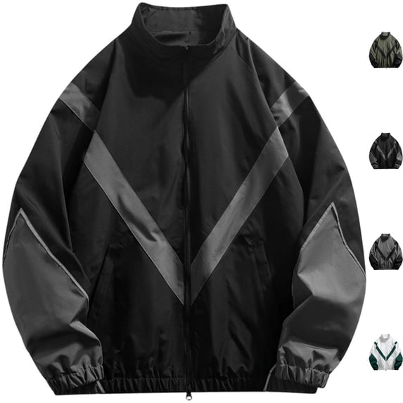 Men's Color Block Track Jacket Waterproof Lightweight Windproof Shell Coat Full Zip Stand Collar with Pockets for Running Outdoor Sport, Black, XXL